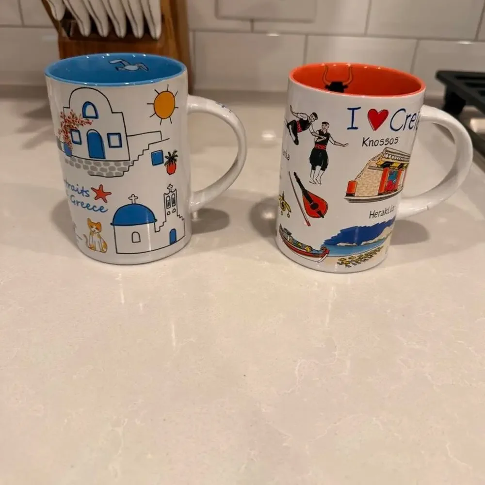 Set of 2 Aegean Art Greece Souvenir Mugs Portraits of Greece & Crete Cups